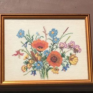 Vintage embroidery floral needlepoint wooden frame